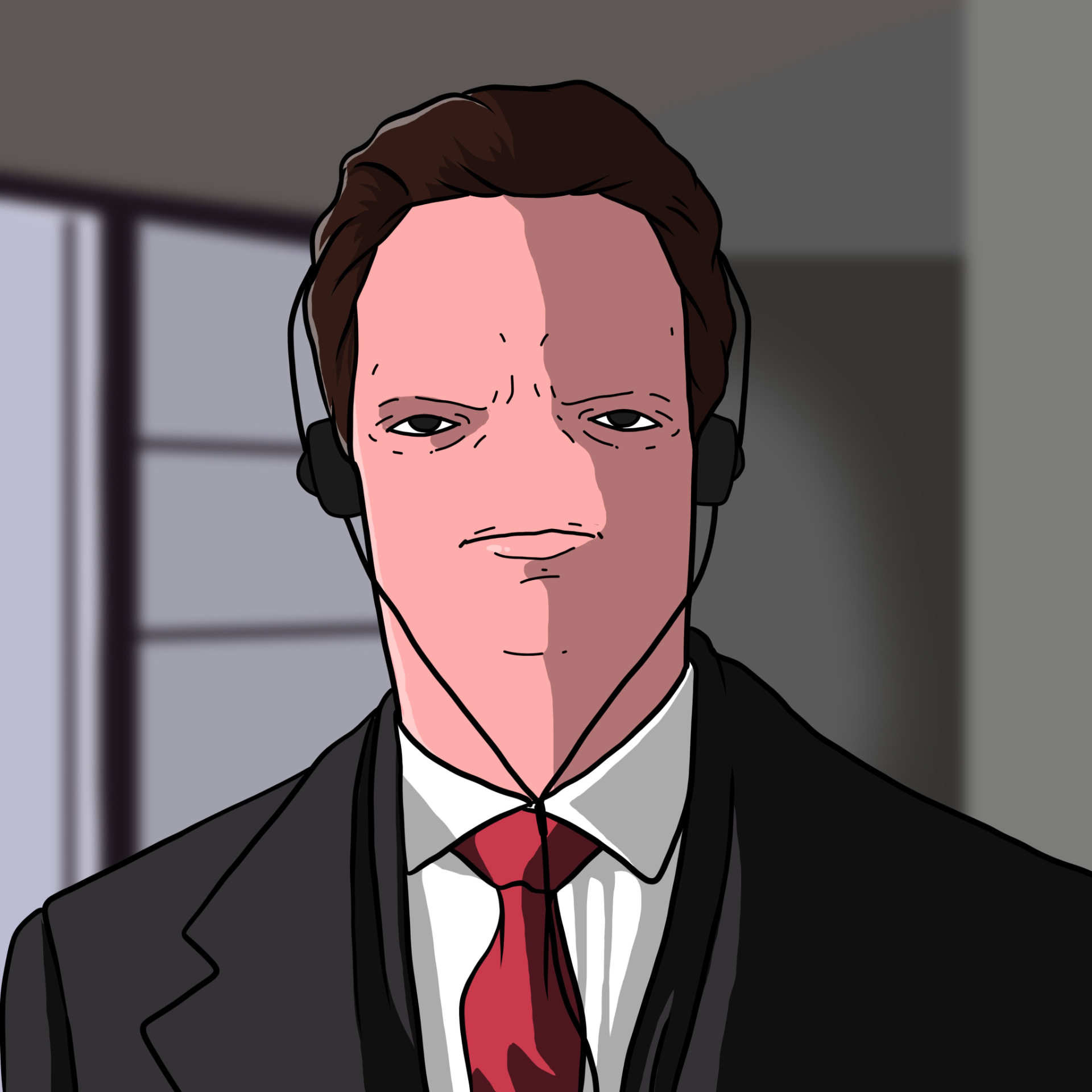 Sausage-head businessman in a suit with a headset