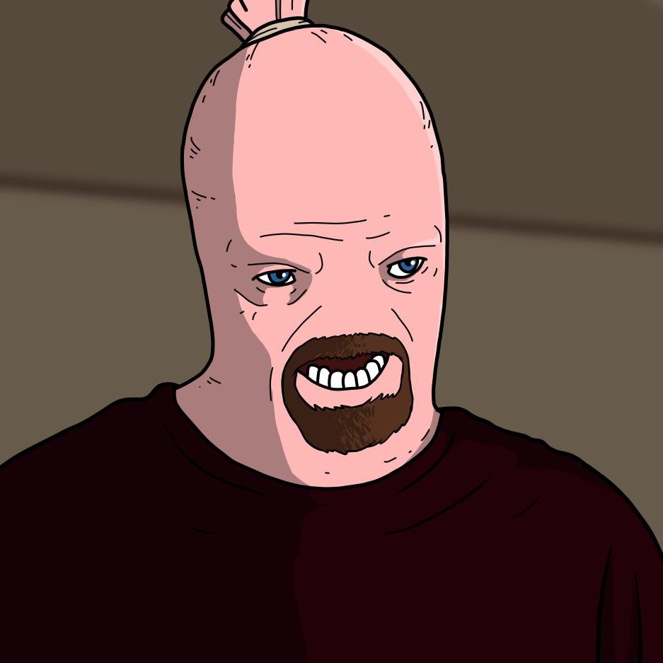 Bearded sausage-head man shouting in a dark shirt