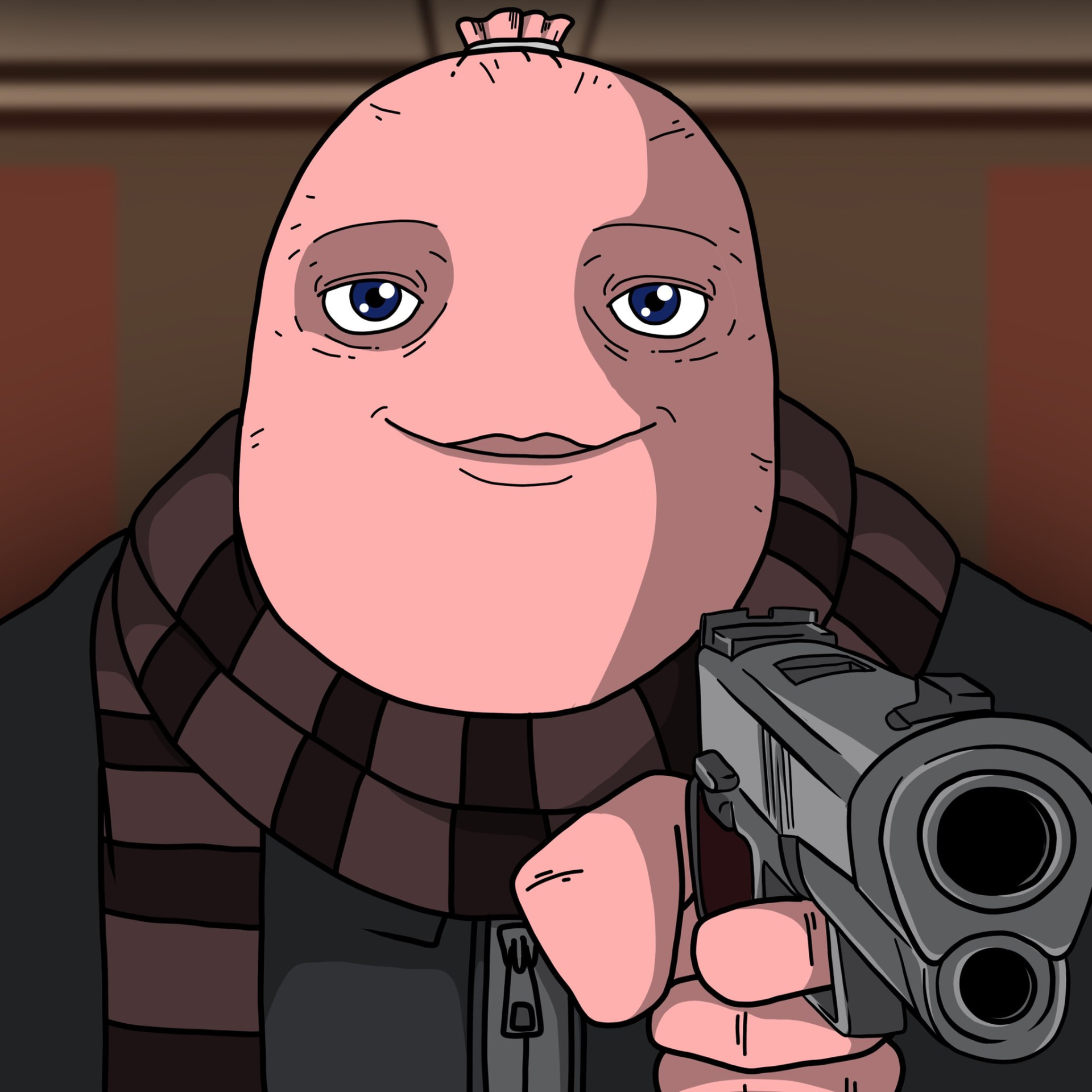 Smiling sausage-head character holding a pistol