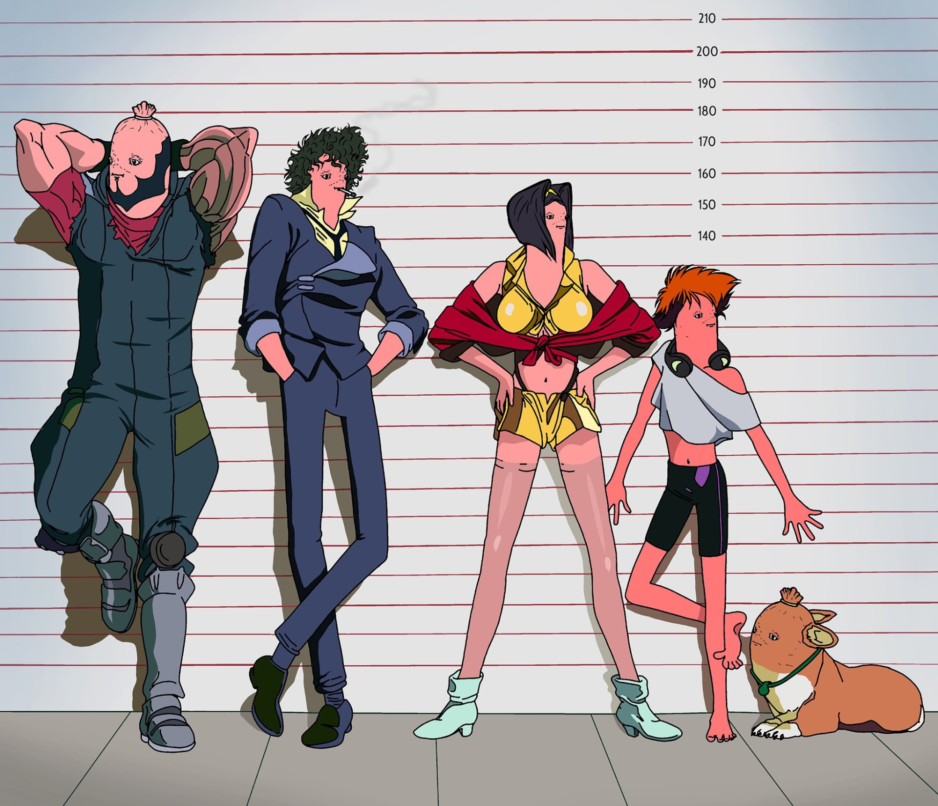 Sausage-headed crew lineup against a height chart