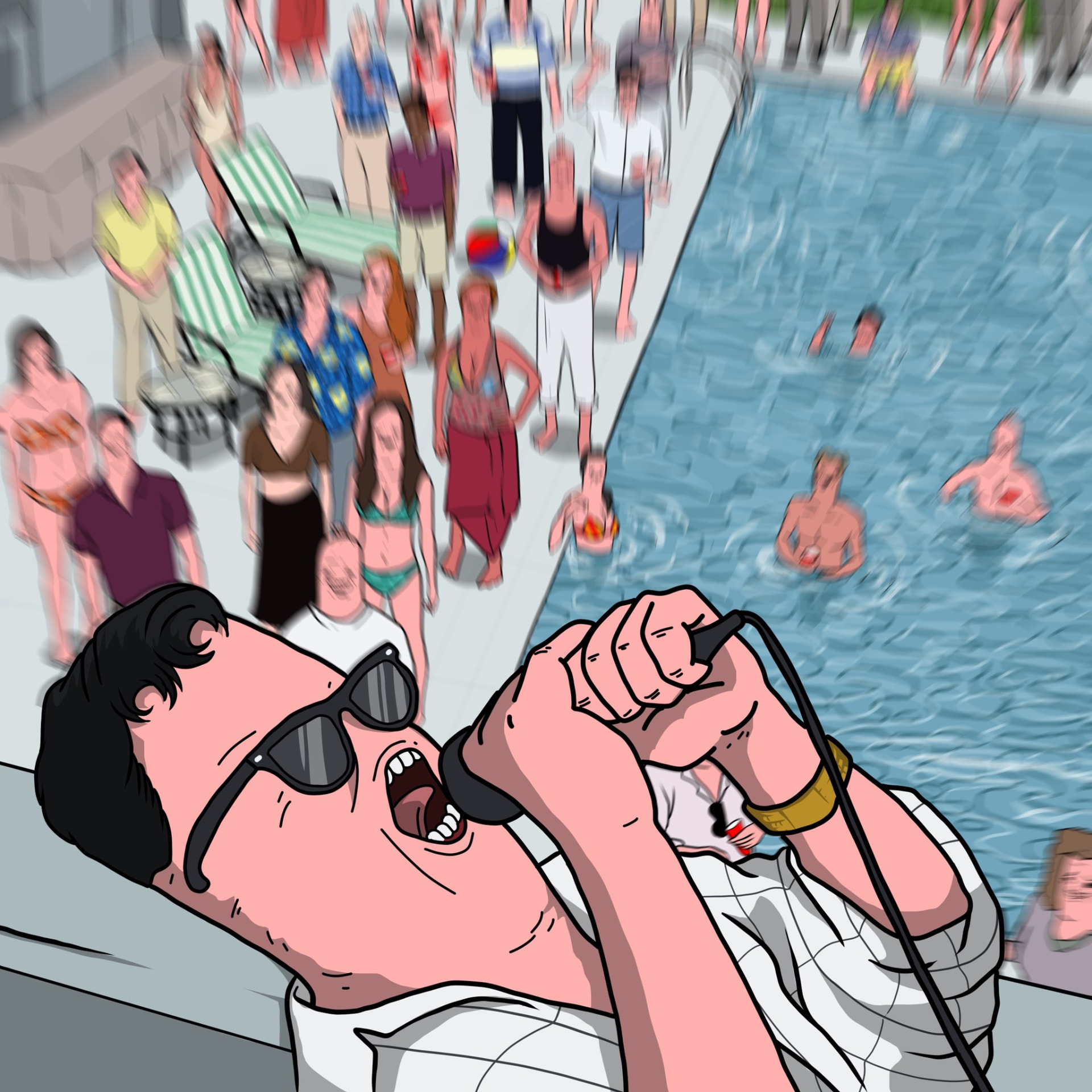 Sausage-head singer with sunglasses shouting into a mic by a pool