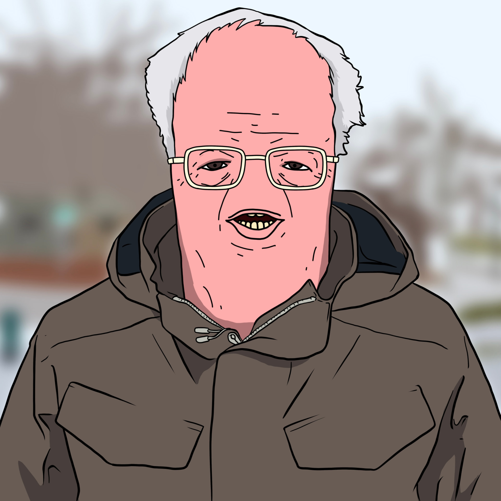 Elderly sausage-faced man in glasses and a winter coat