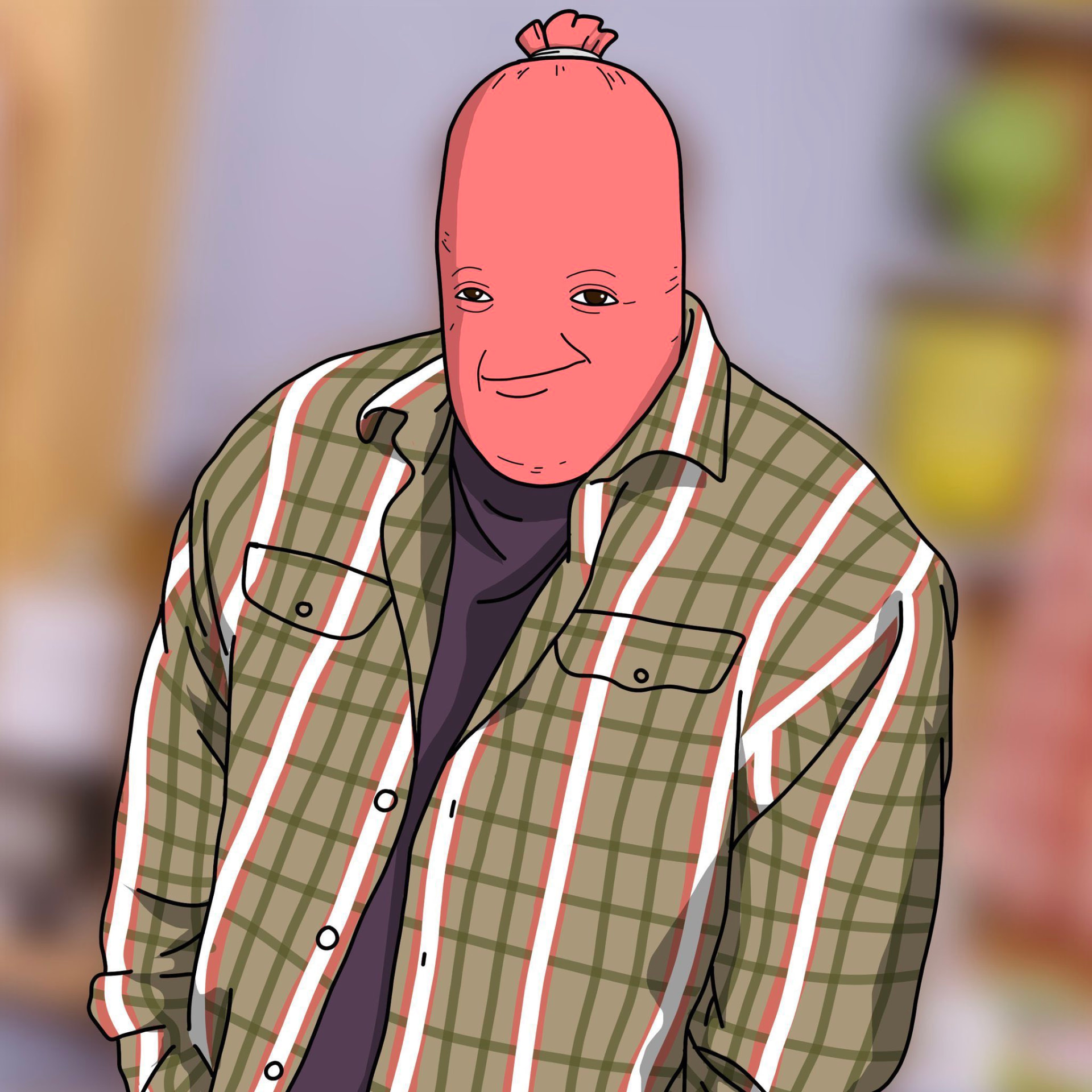 Sausage-head character in a plaid shirt smiling