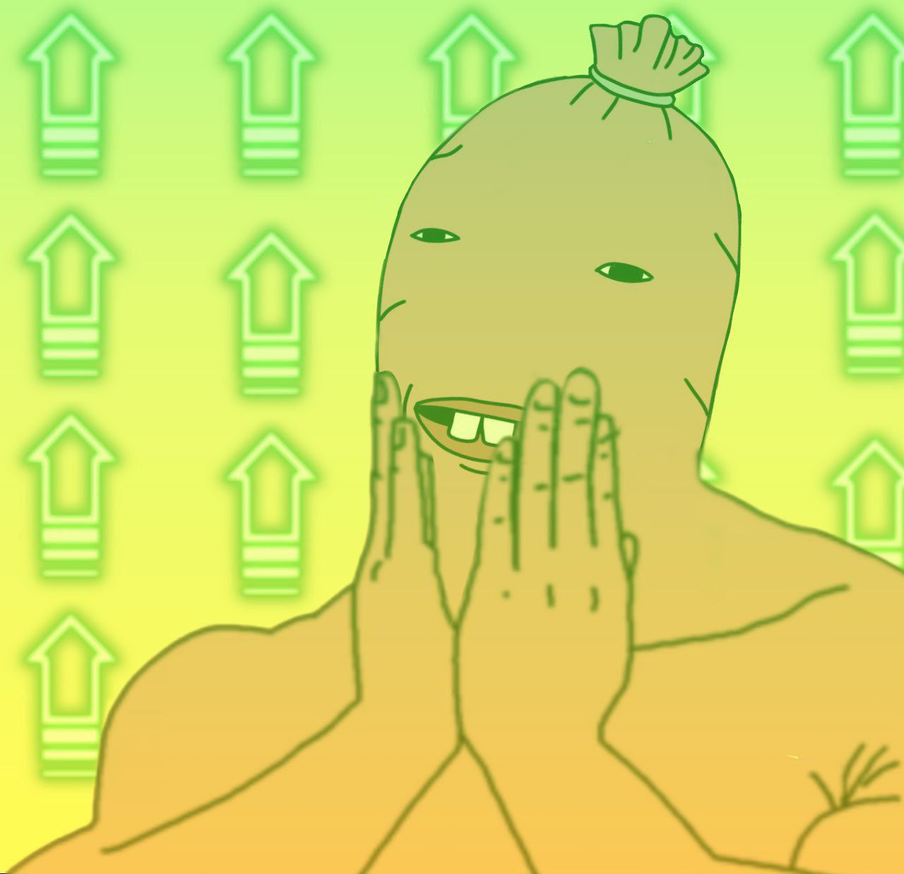 Green sausage-head character celebrating in front of up arrows