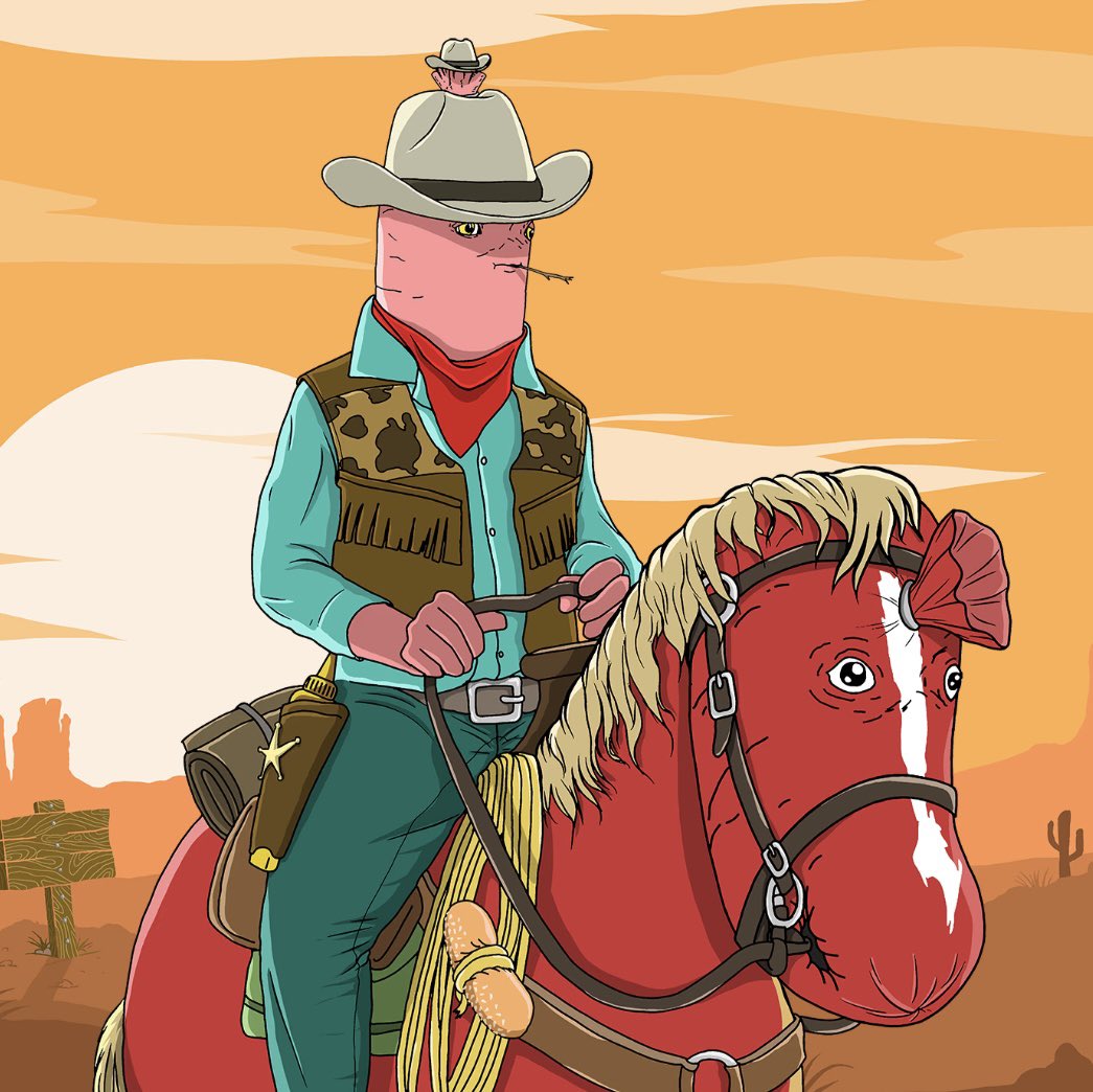 Sausage cowboy riding a horse at sunset