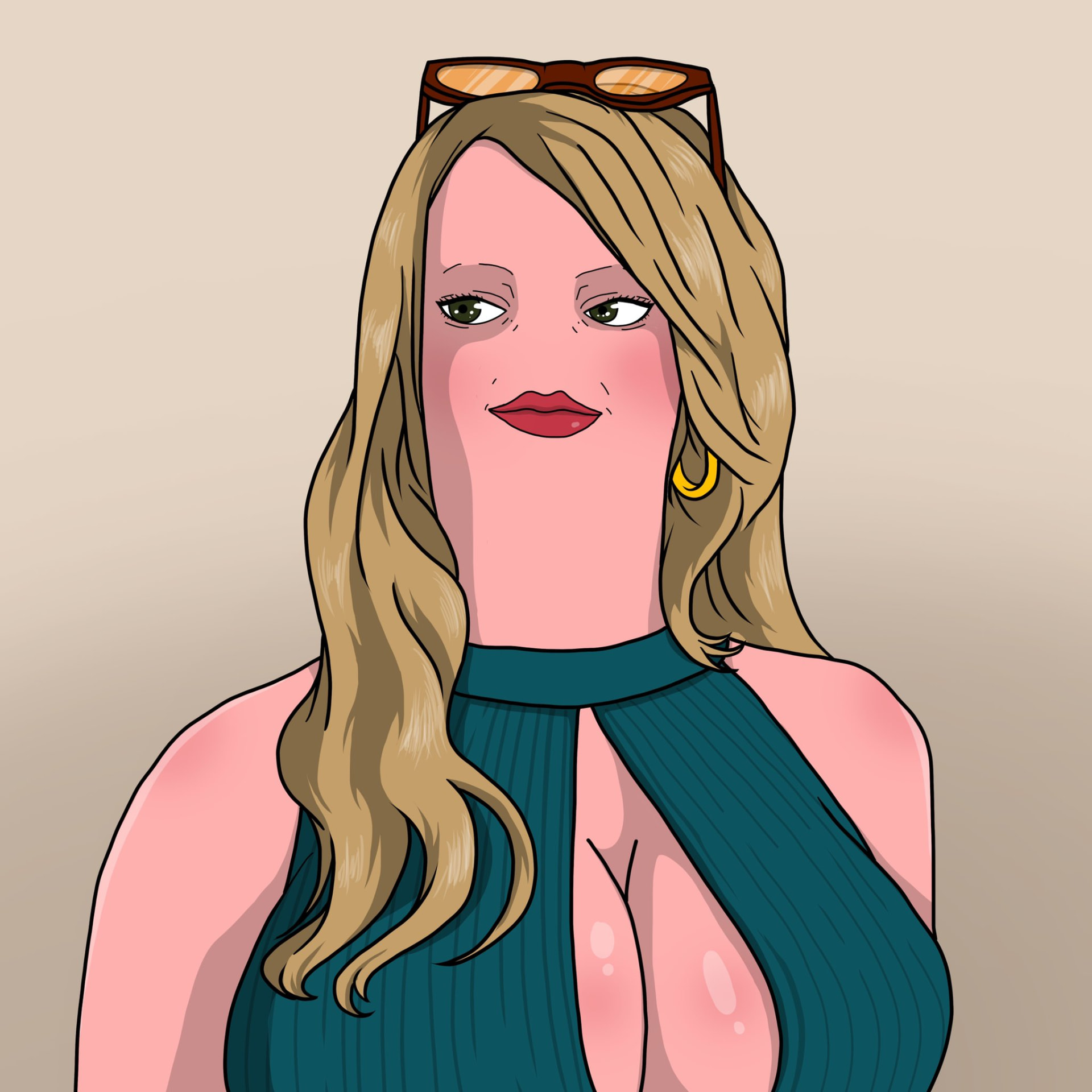 Blonde sausage-faced woman with sunglasses on her head
