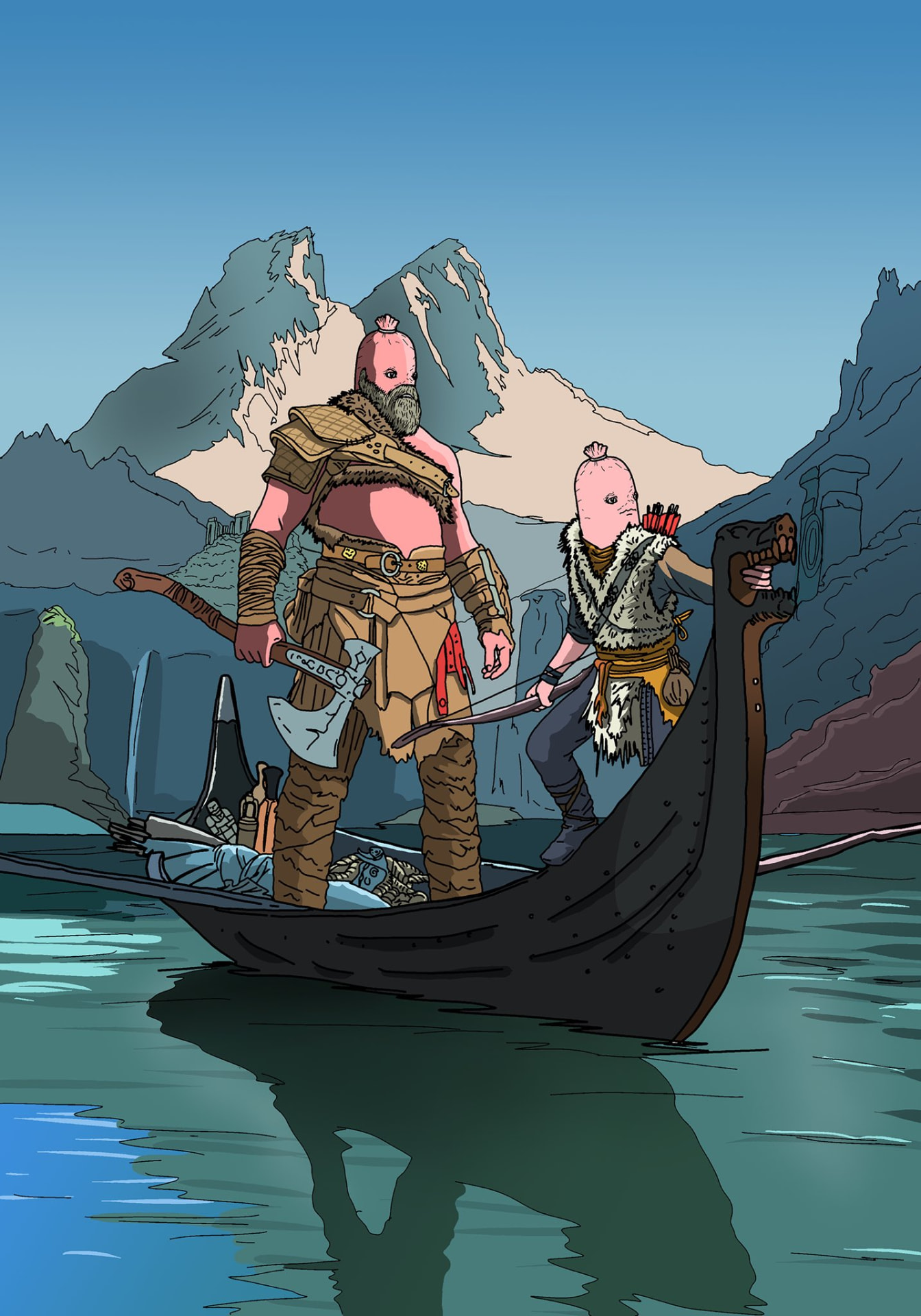 Two sausage-head vikings on a boat in a fjord