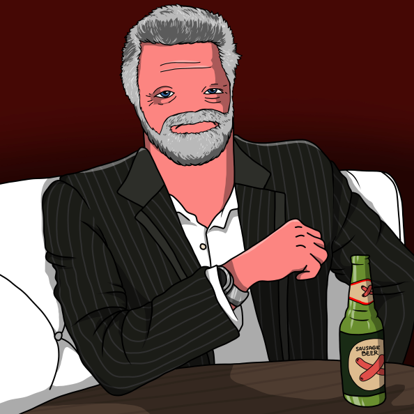 Bearded sausage-skinned man with a sausage beer