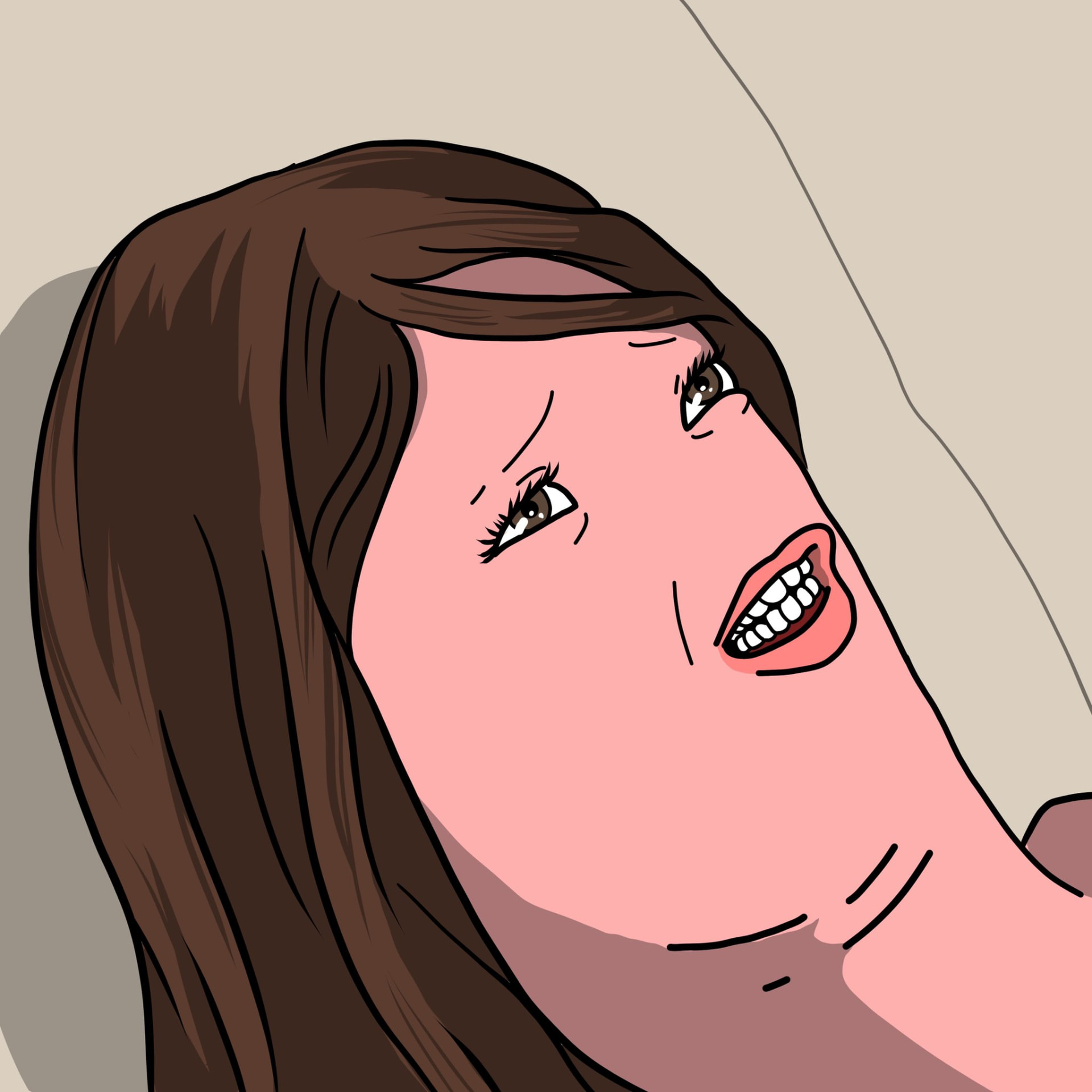 Long sausage-faced woman with brown hair smiling