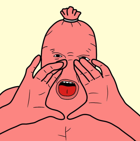 Sausage-head character shouting with hands cupped