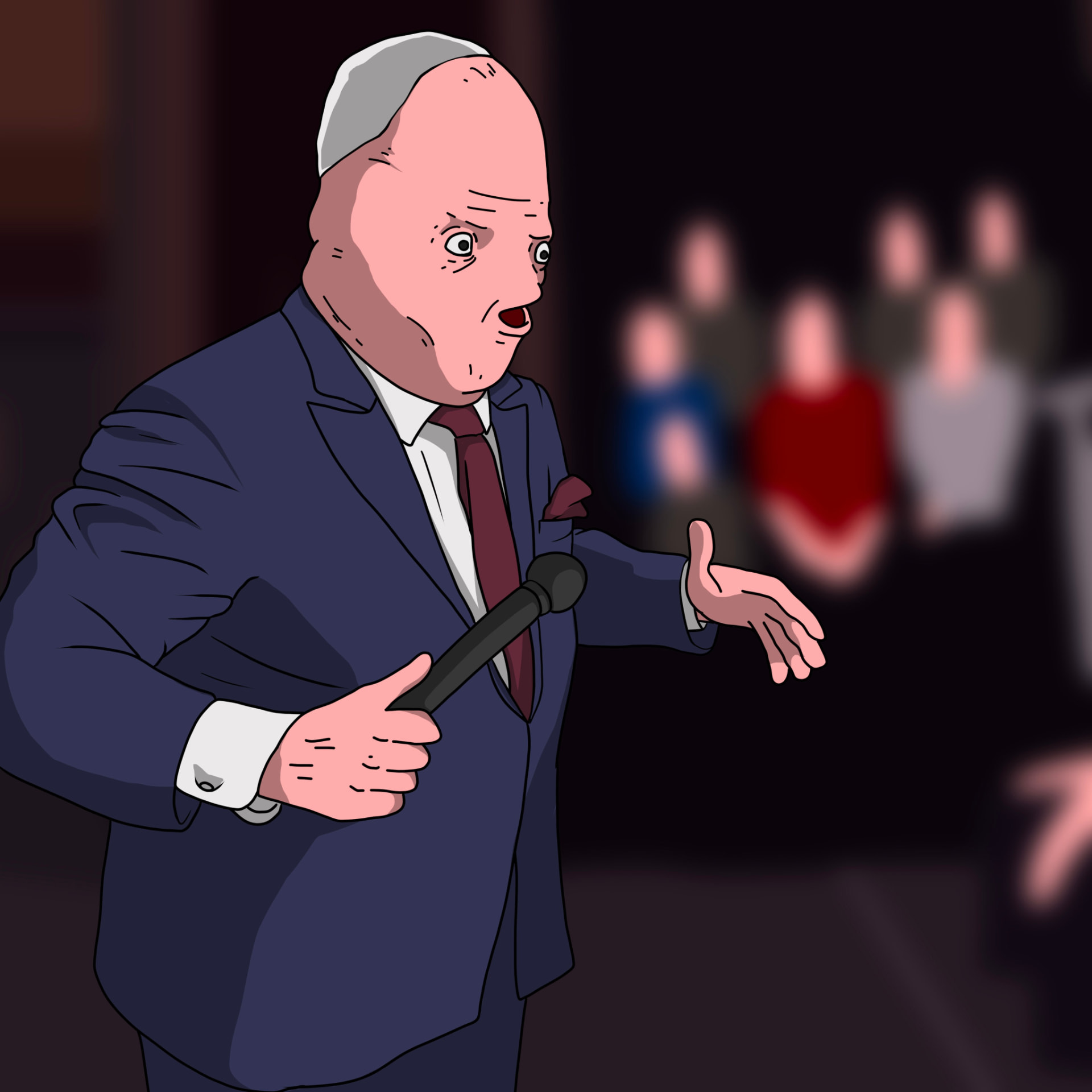 Sausage-head speaker in a suit holding a microphone on stage