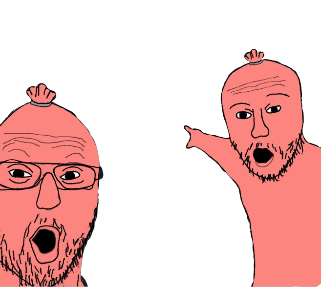 Two sausage-head characters pointing and yelling