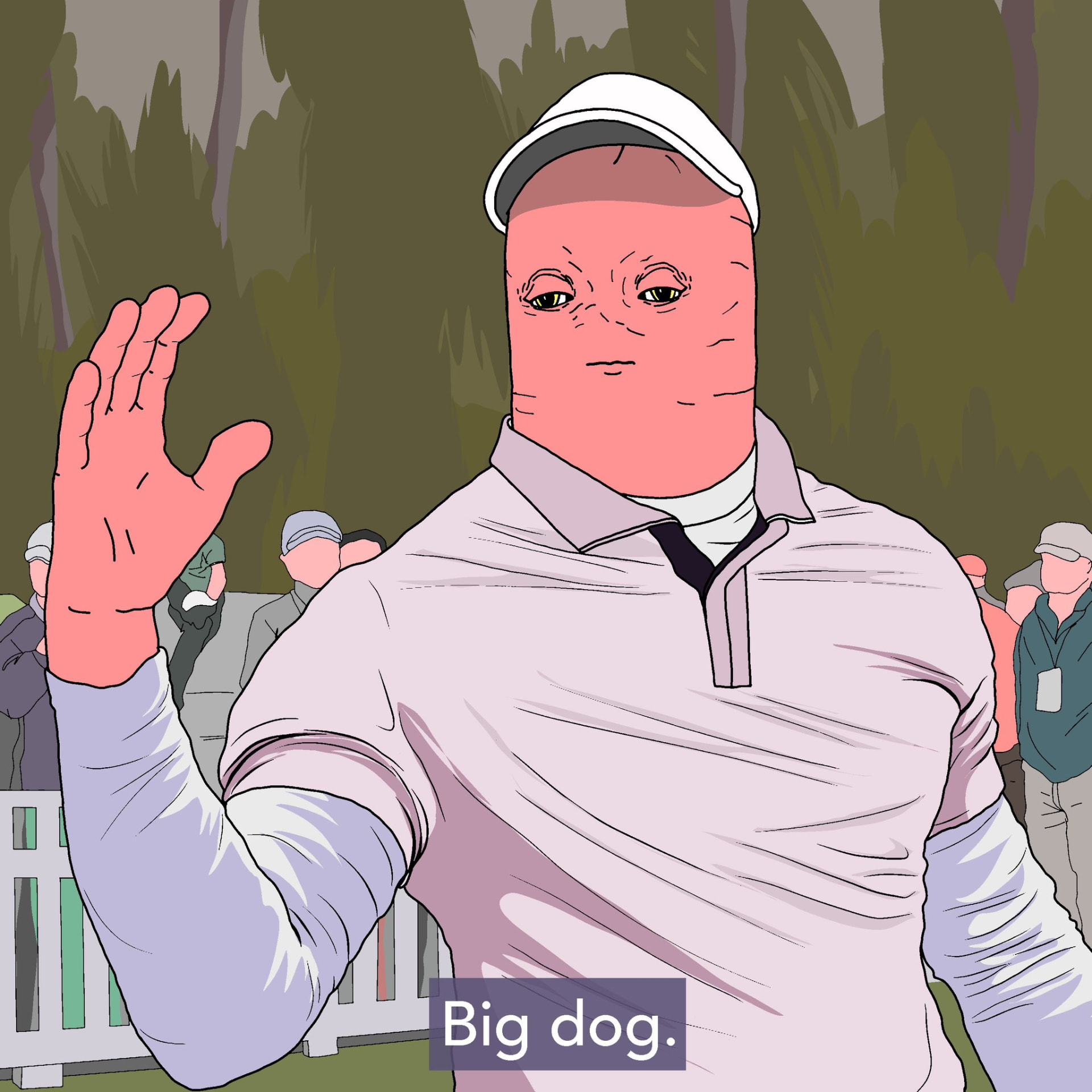 Sausage-head man in a polo waving on a golf course