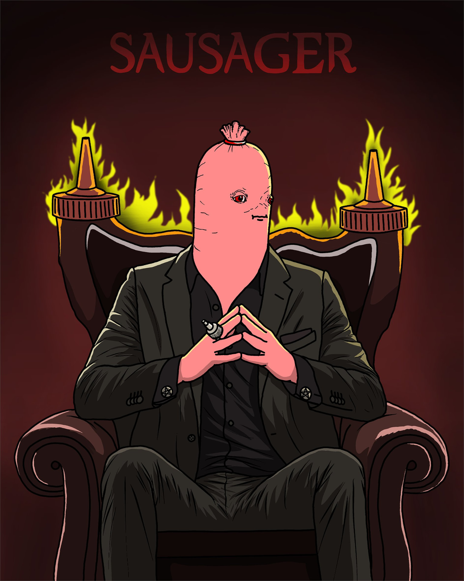 Sausage boss seated on a throne between flaming bottles