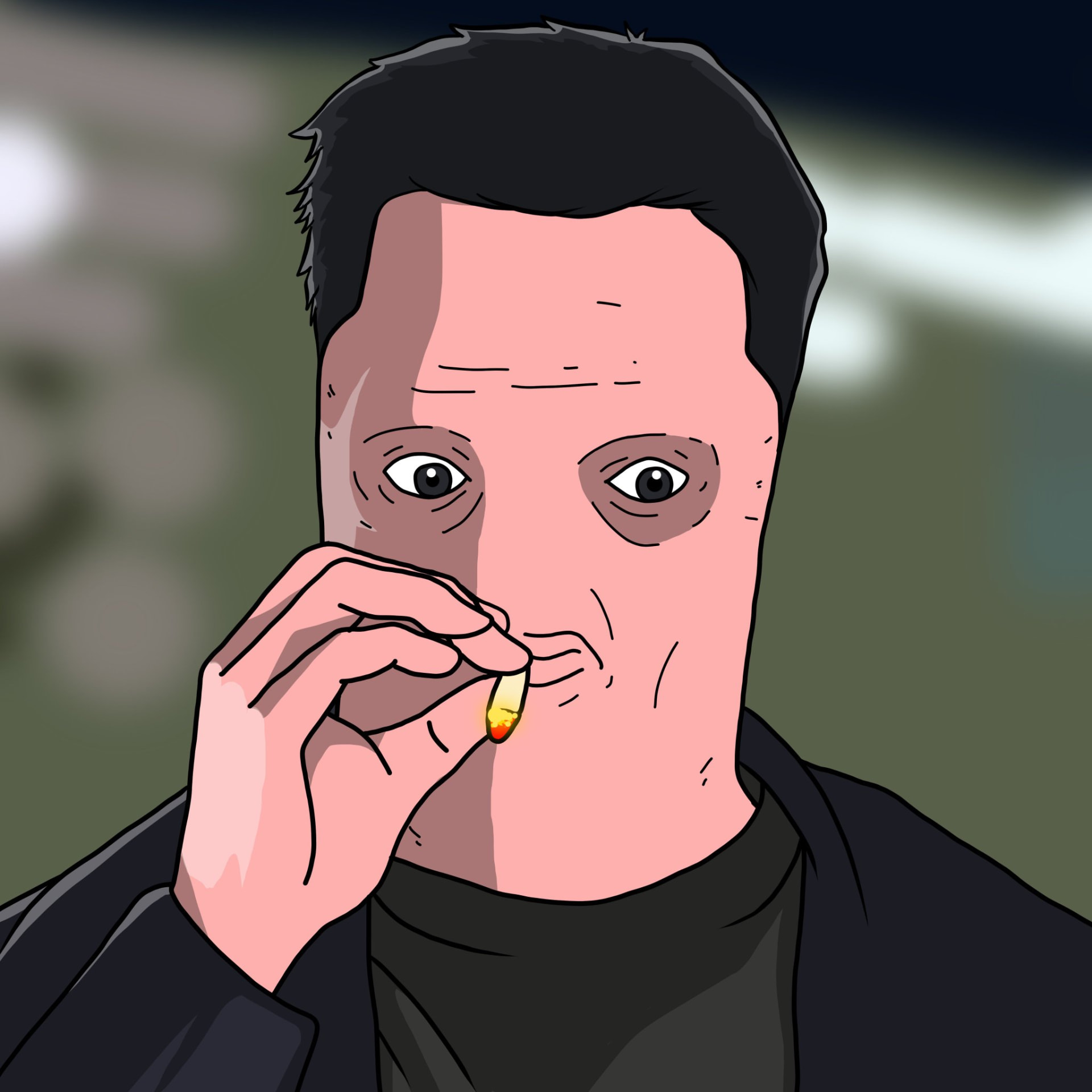 Sausage-faced man lighting a cigarette