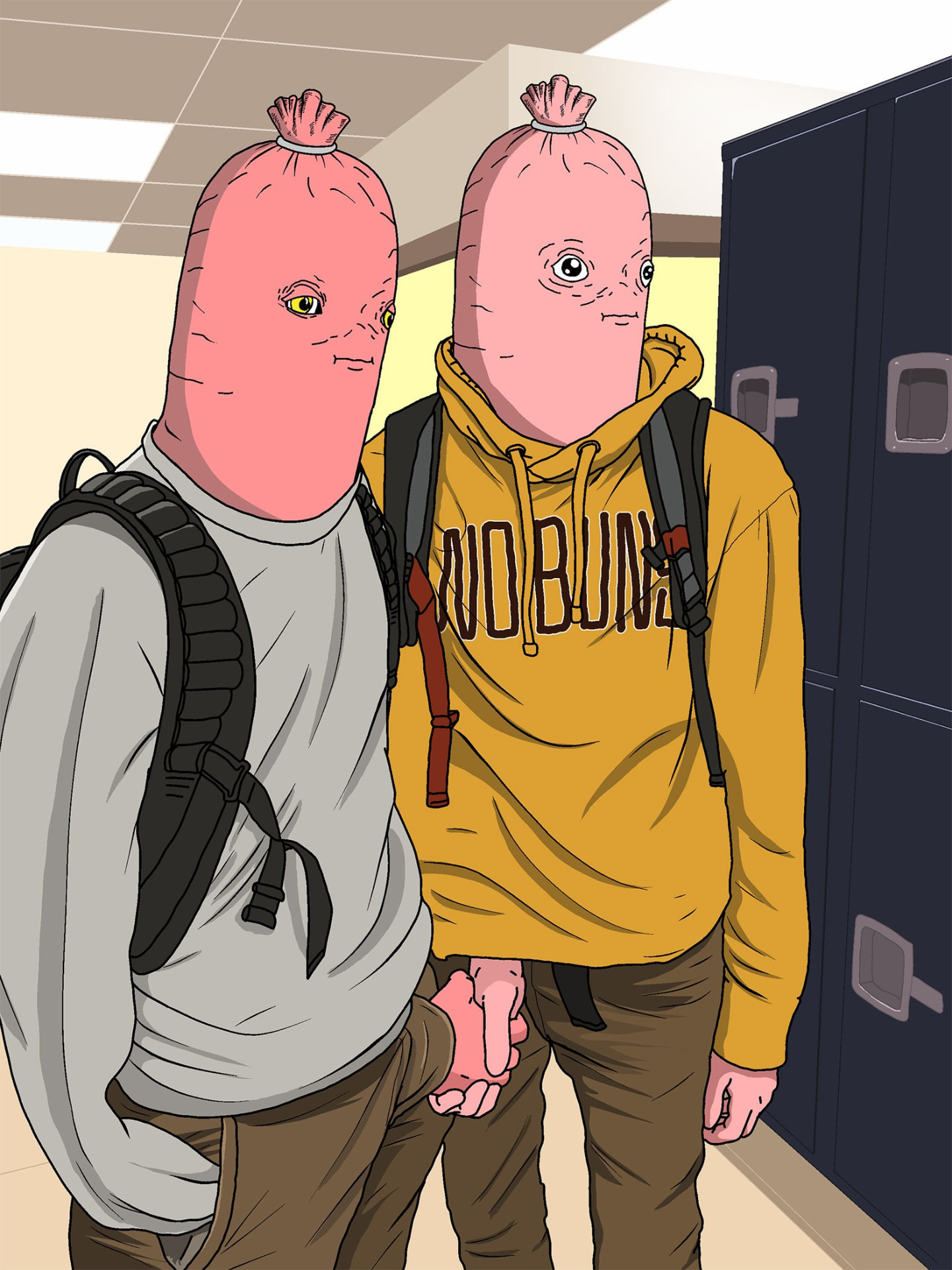 Two sausage-head students with backpacks by school lockers