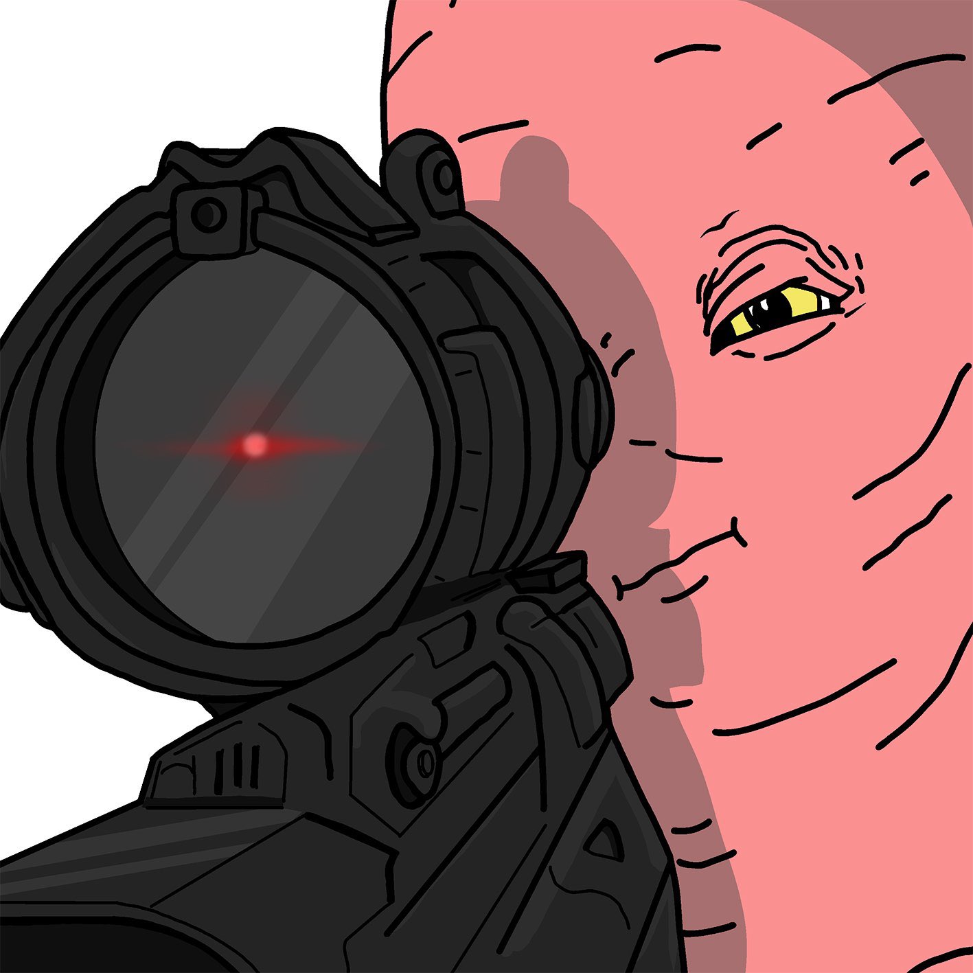 Sausage-head character behind a red dot sight