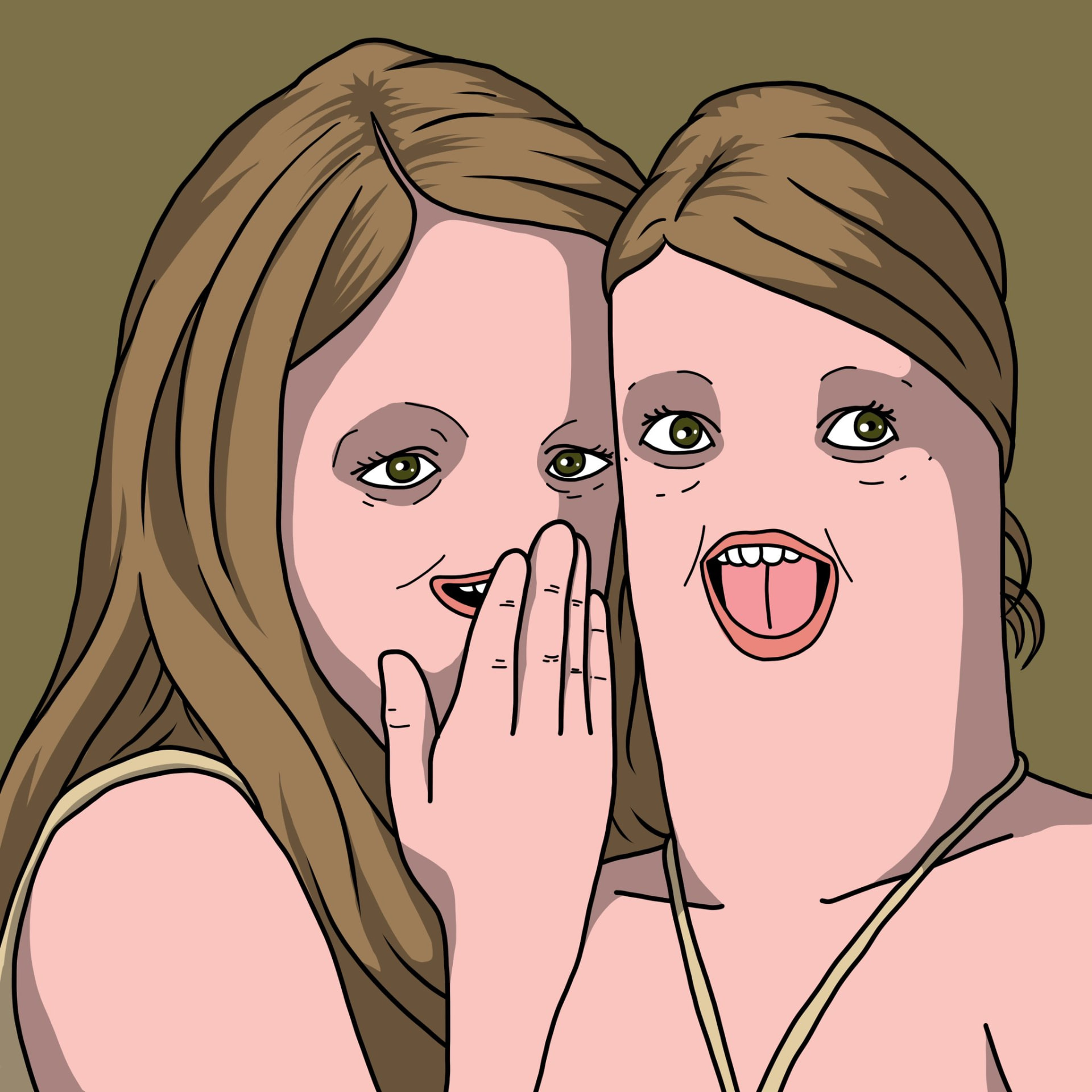 Two cartoon characters whispering gossip