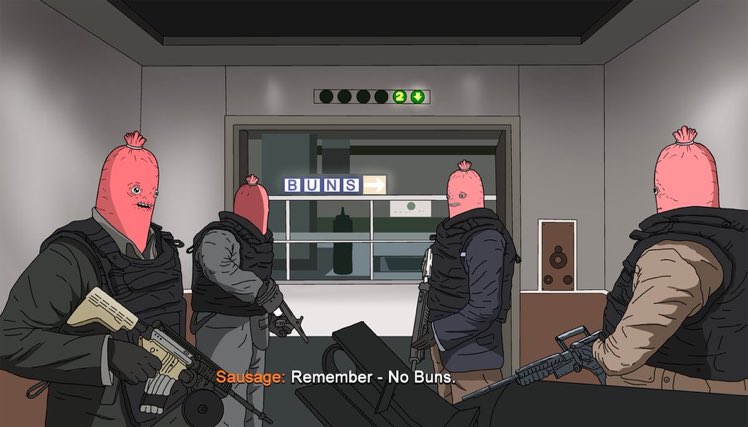 Sausage-head crew with gear in an elevator captioned remember no buns