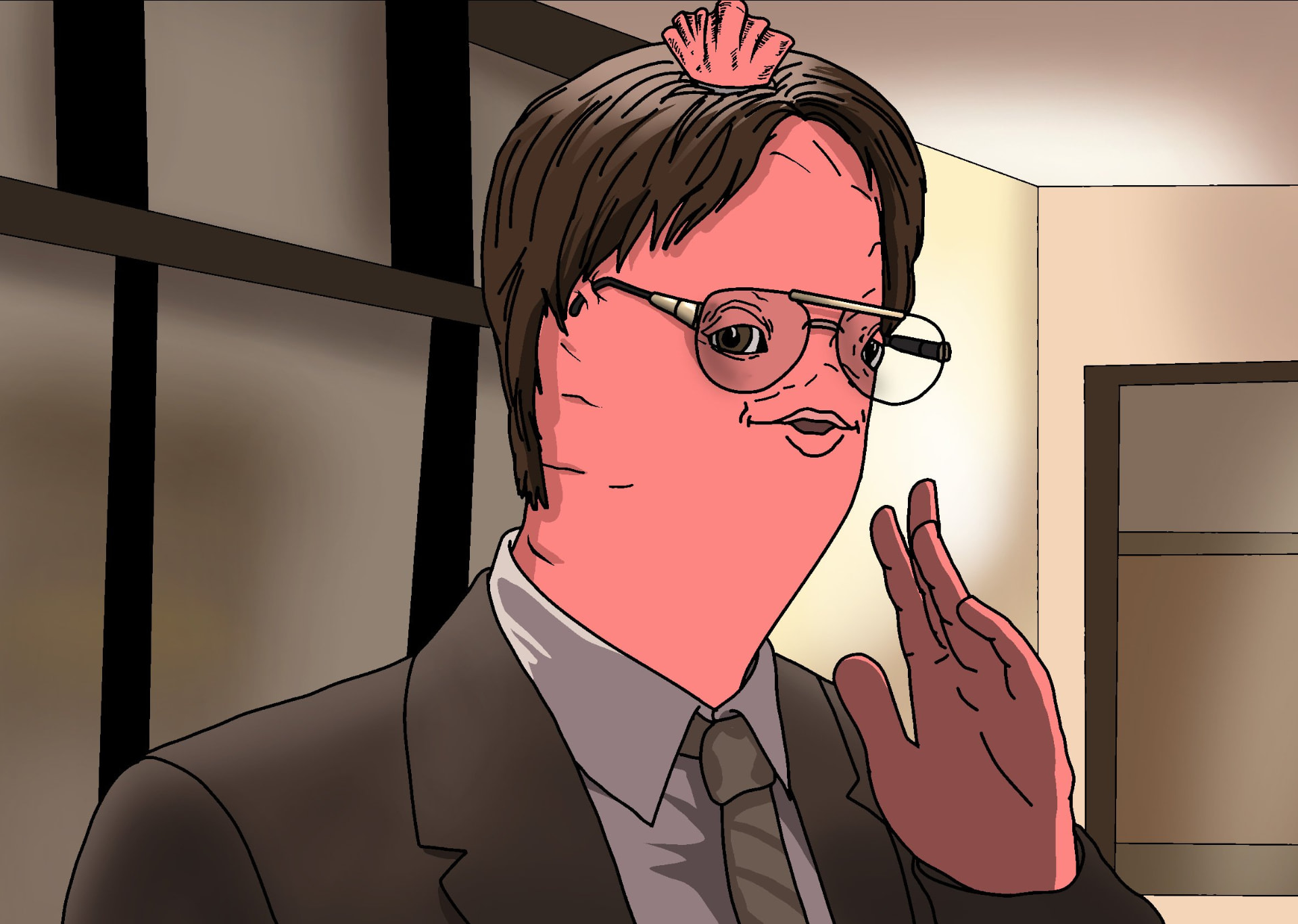 Cartoon office worker with a sausage-casing head waving