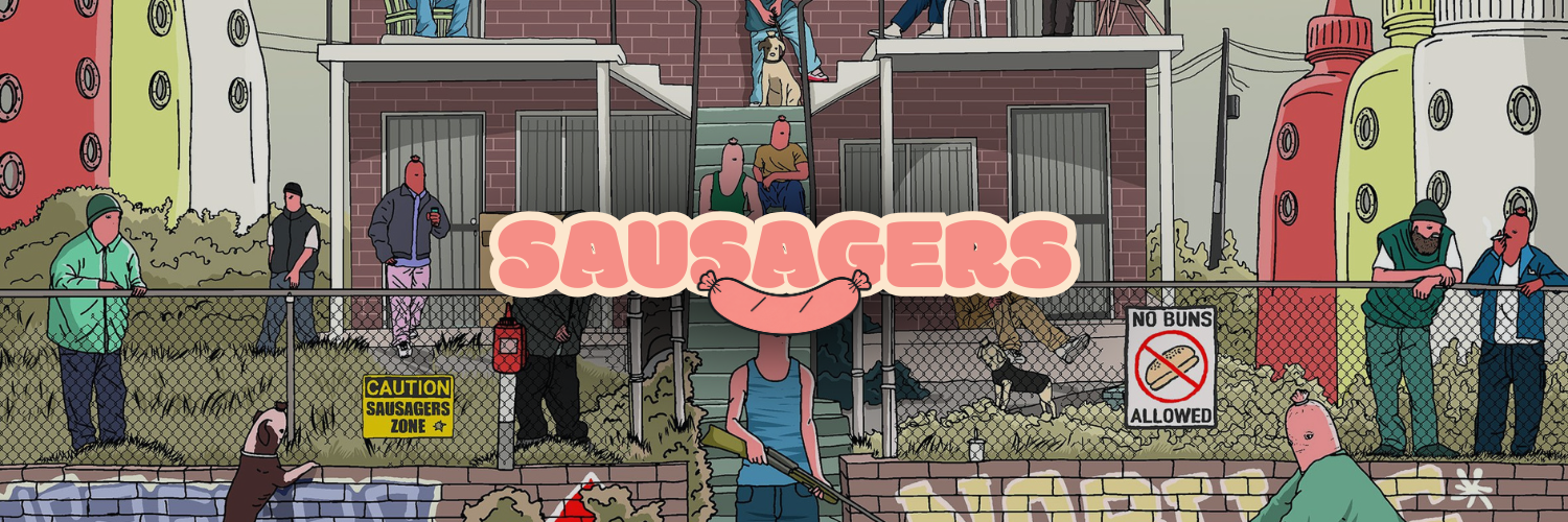 SAUSAGERS cover art: a street scene crowded with sausage-headed characters