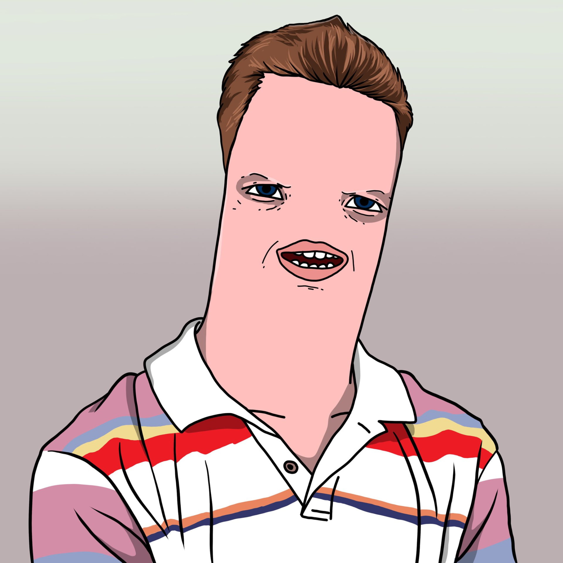 Sausage-faced man in a striped polo smiling