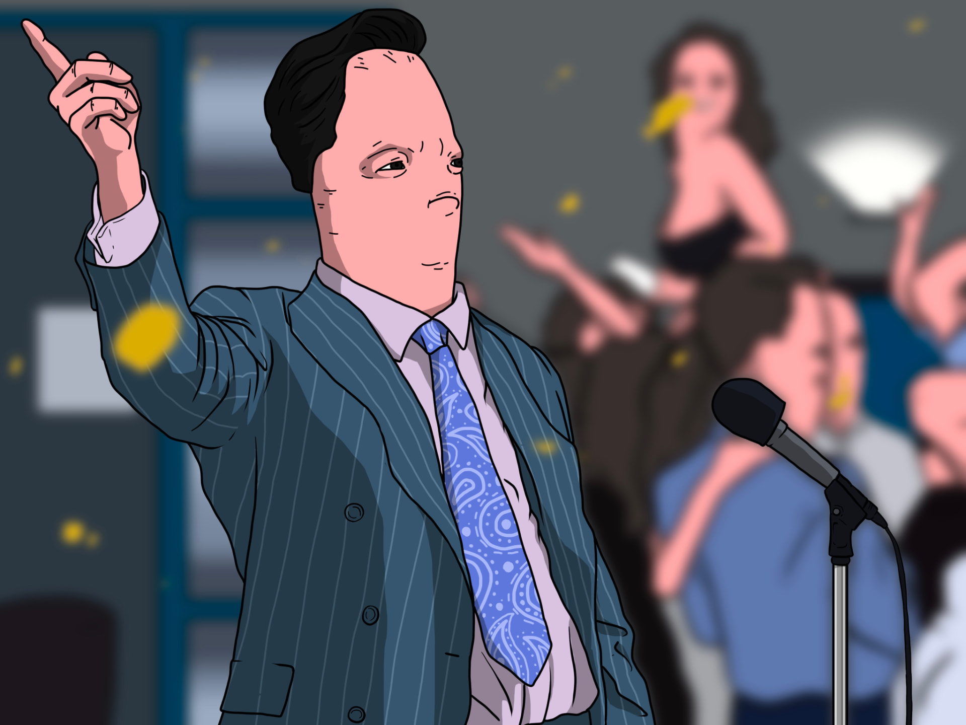 Sausage-head man in a pinstripe suit pointing at a party
