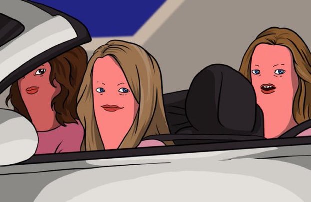 Sausage-faced women riding in a convertible