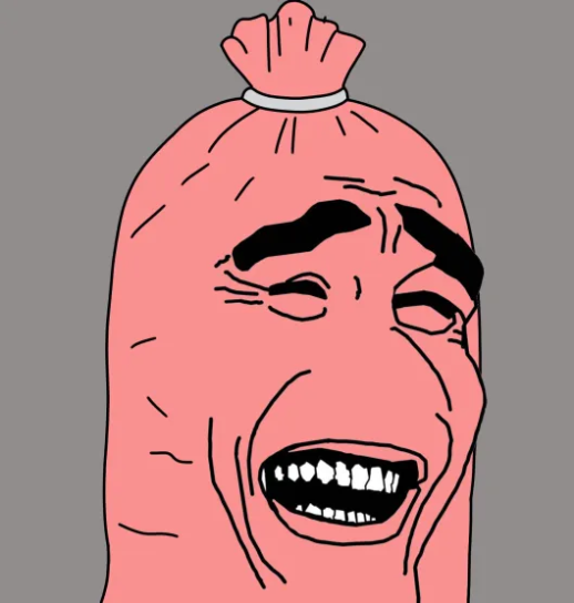 Close up sausage-head character grinning through gritted teeth