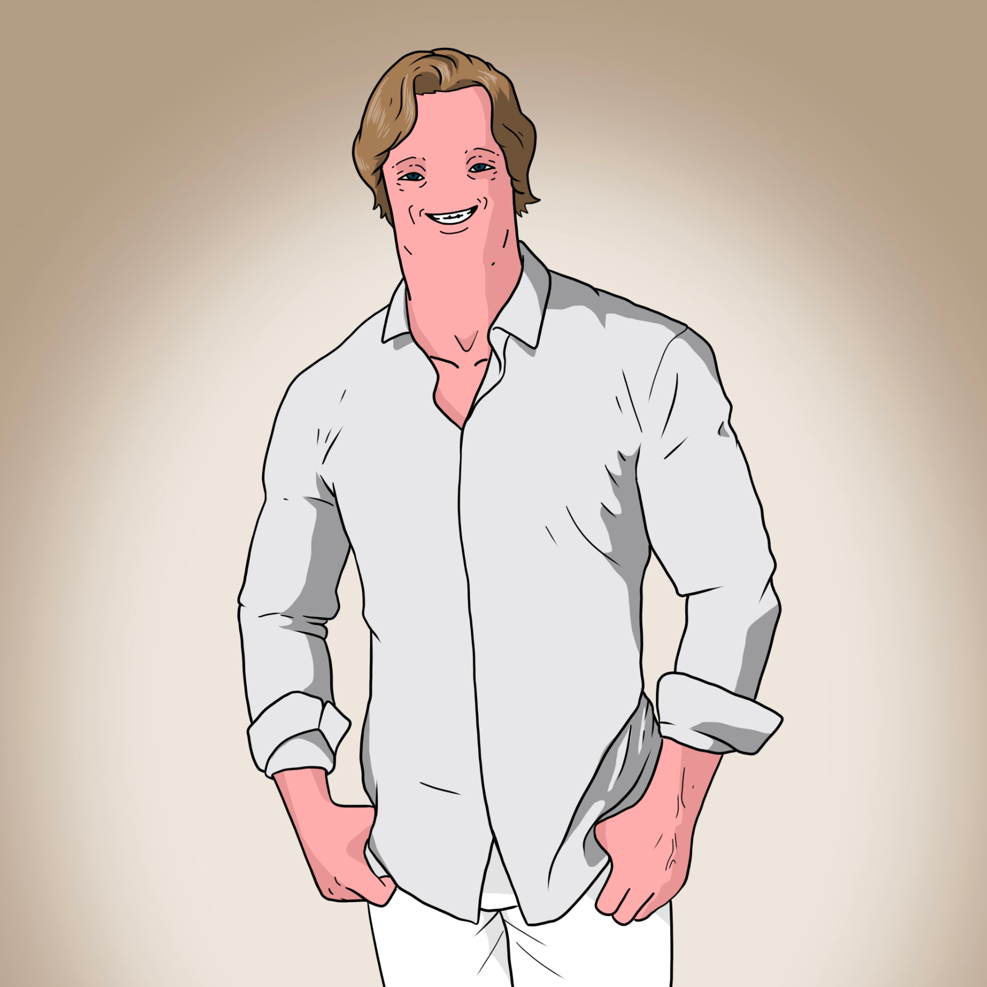 Sausage-faced man in a white shirt smiling with hands in pockets