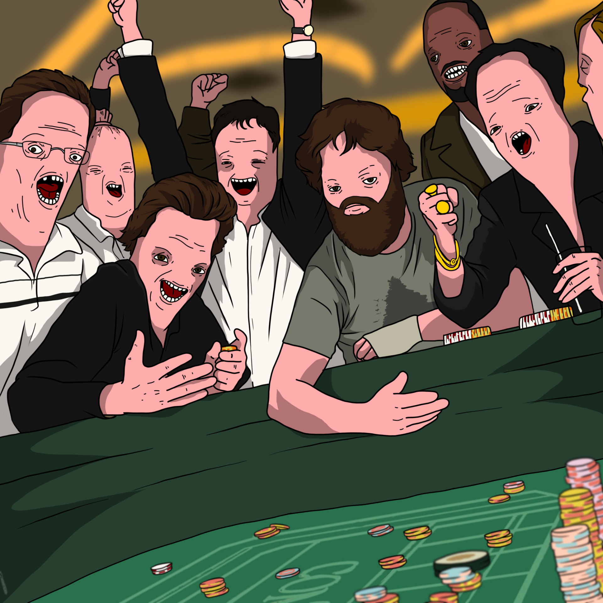 Sausage-faced crowd celebrating at a casino table
