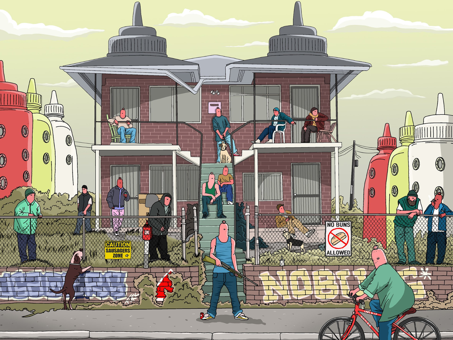 Sausage-head neighbourhood outside a house with ketchup bottle towers