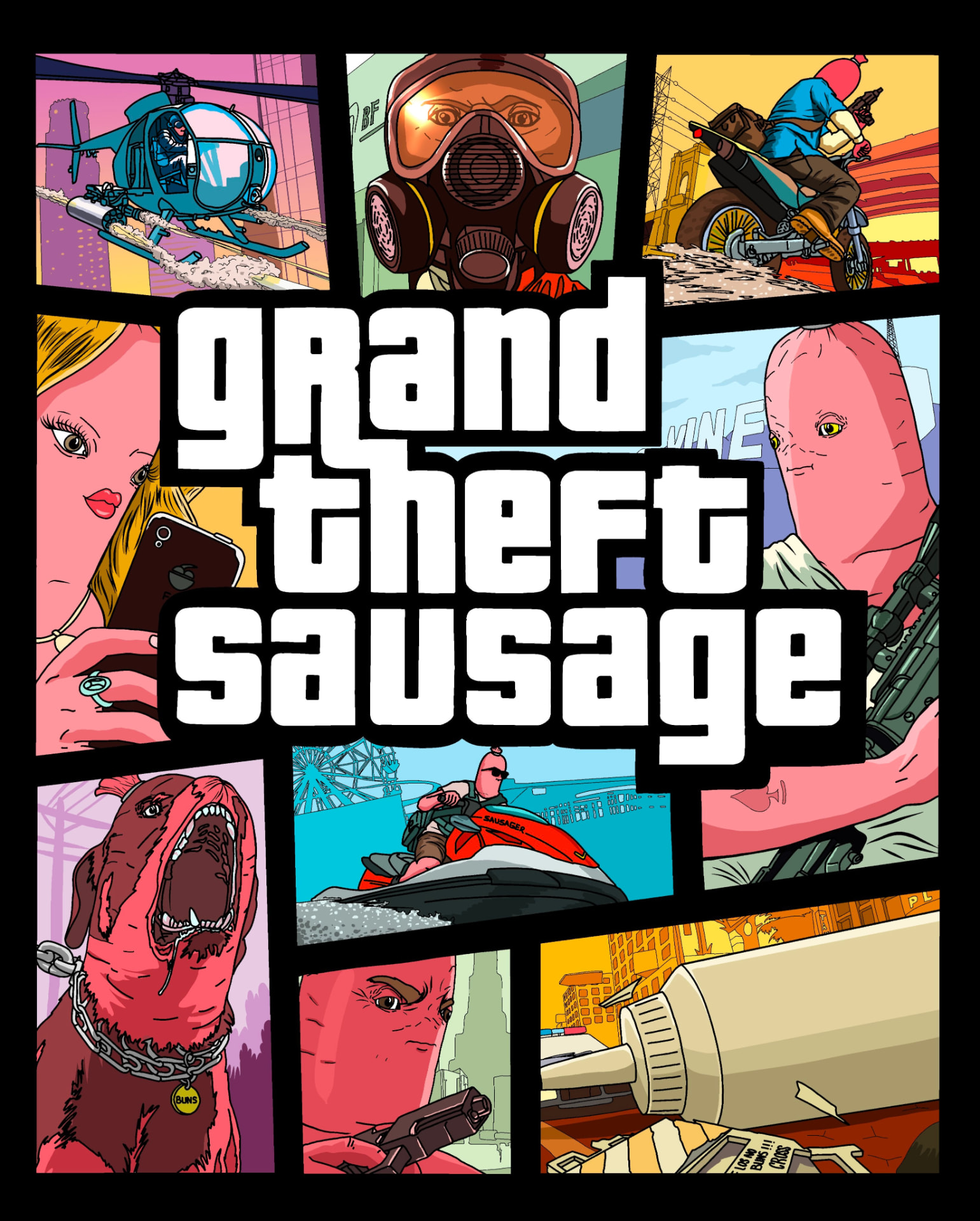Grand Theft Sausage style poster collage