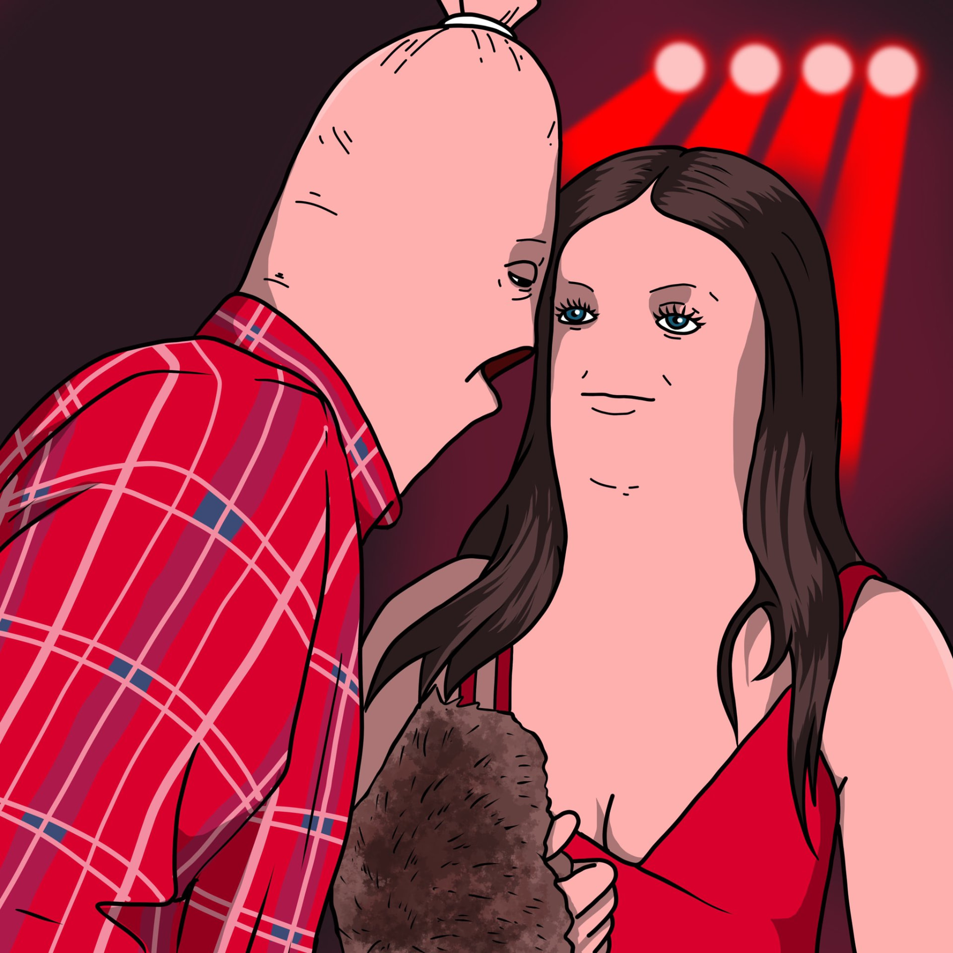 Sausage-head character whispering at a club